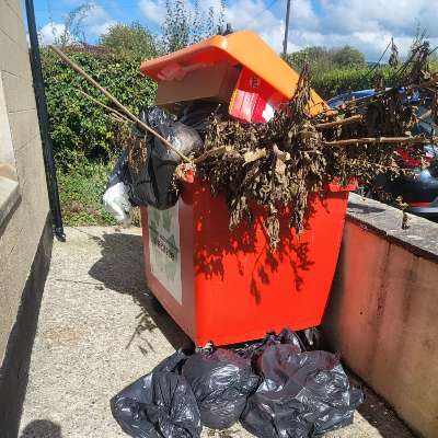 Overflowing bin with garden waste awaiting bin emptying