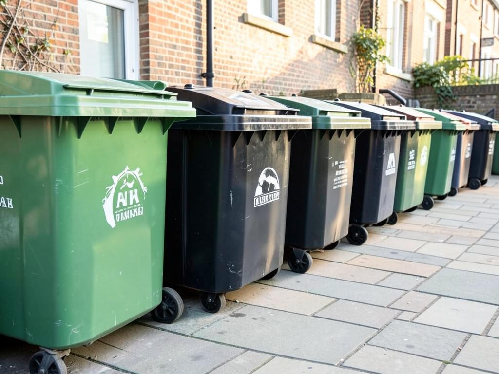 Row of wheelie bins on a pavement waiting to be emptied