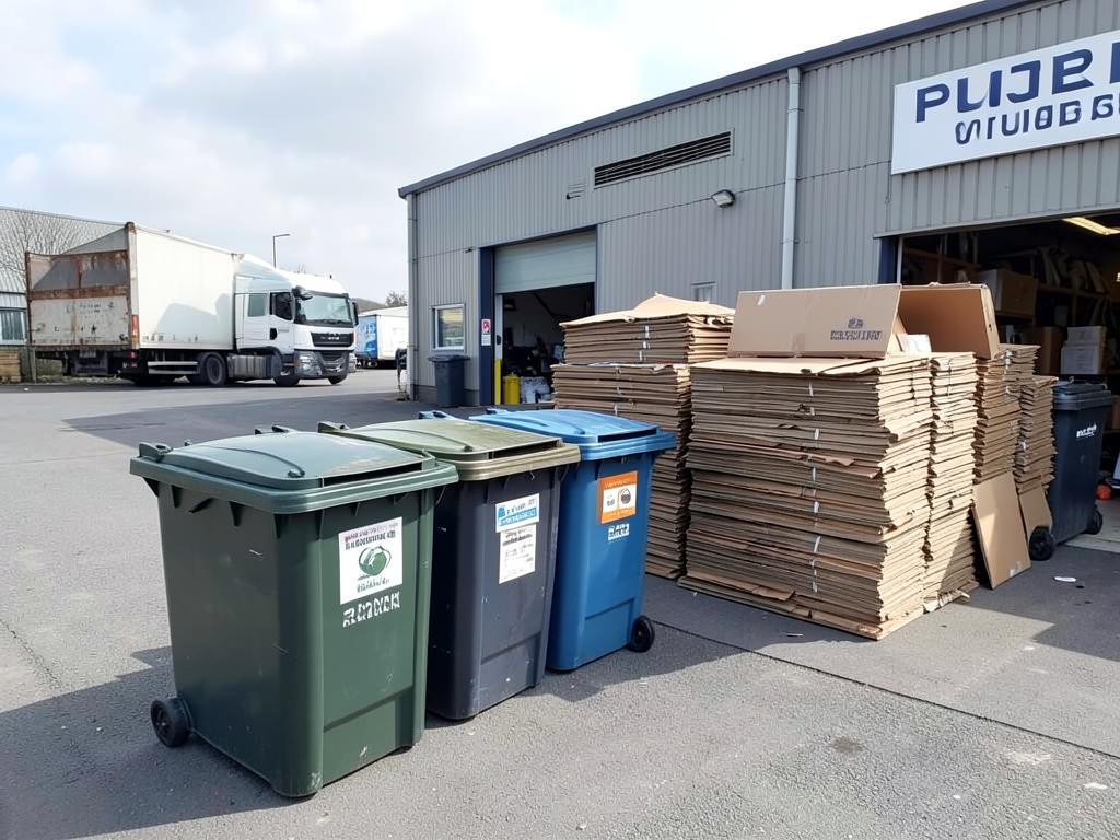 Commercial bins and stacked cardboard at a business service yard