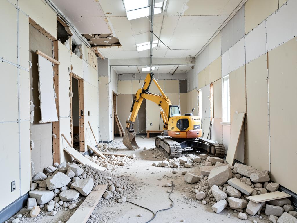 Commercial interior strip out with rubble ready for site clearance
