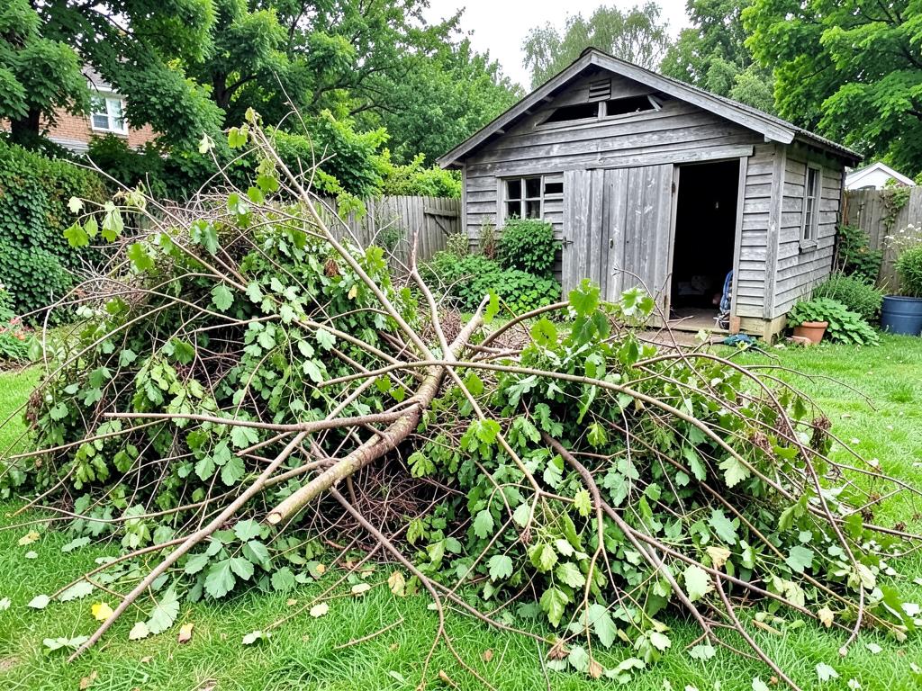Garden green waste and old shed ready for clearance