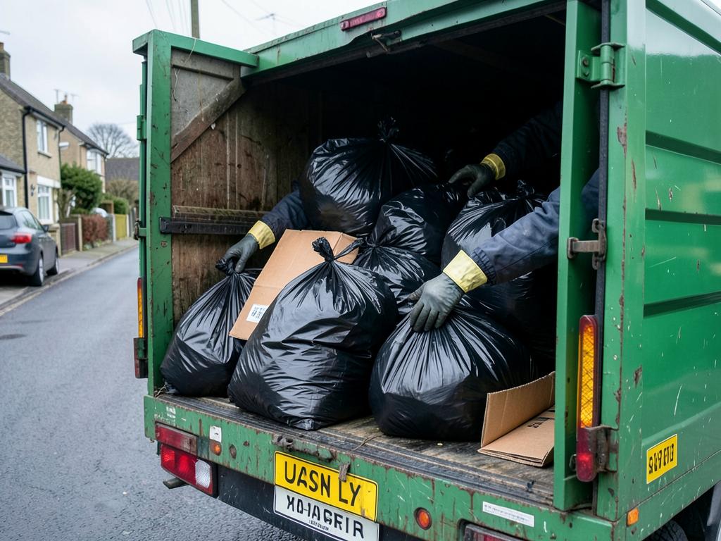Bagged business waste being loaded into a green waste removal truck