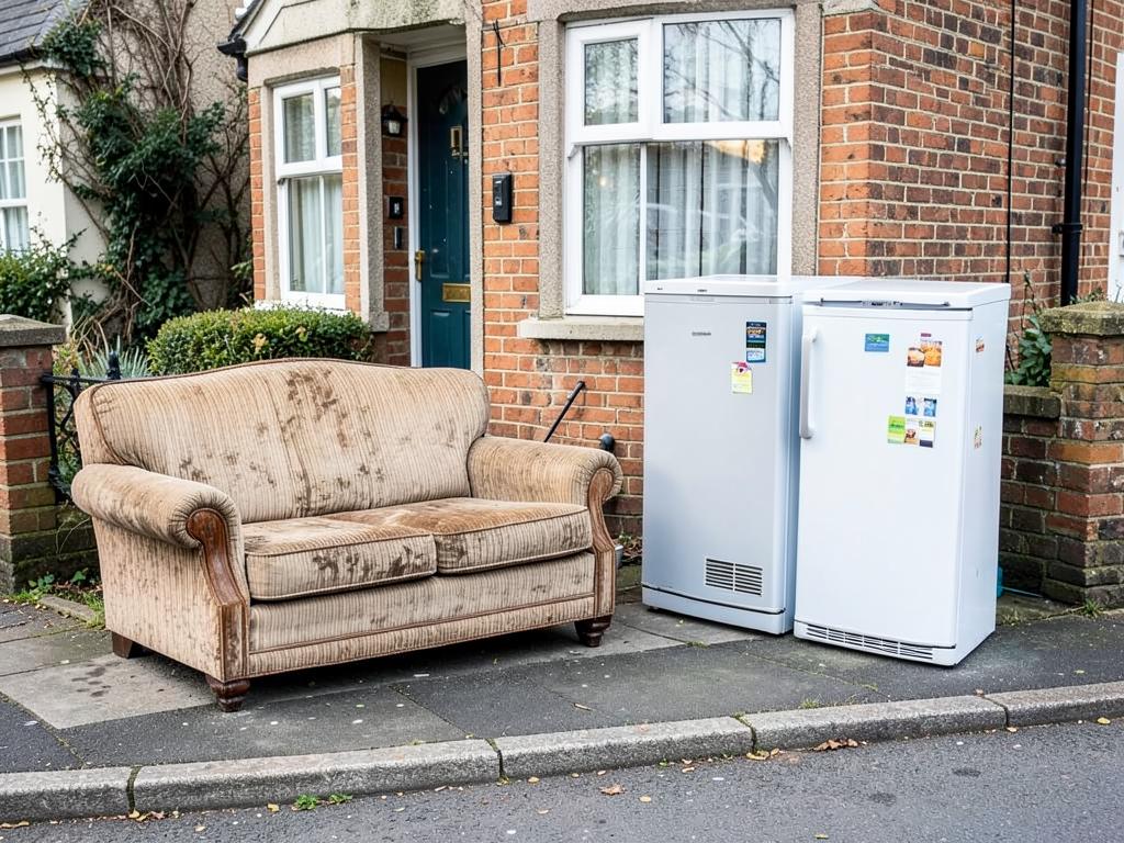 Old sofa and fridge at the kerbside for single item collection